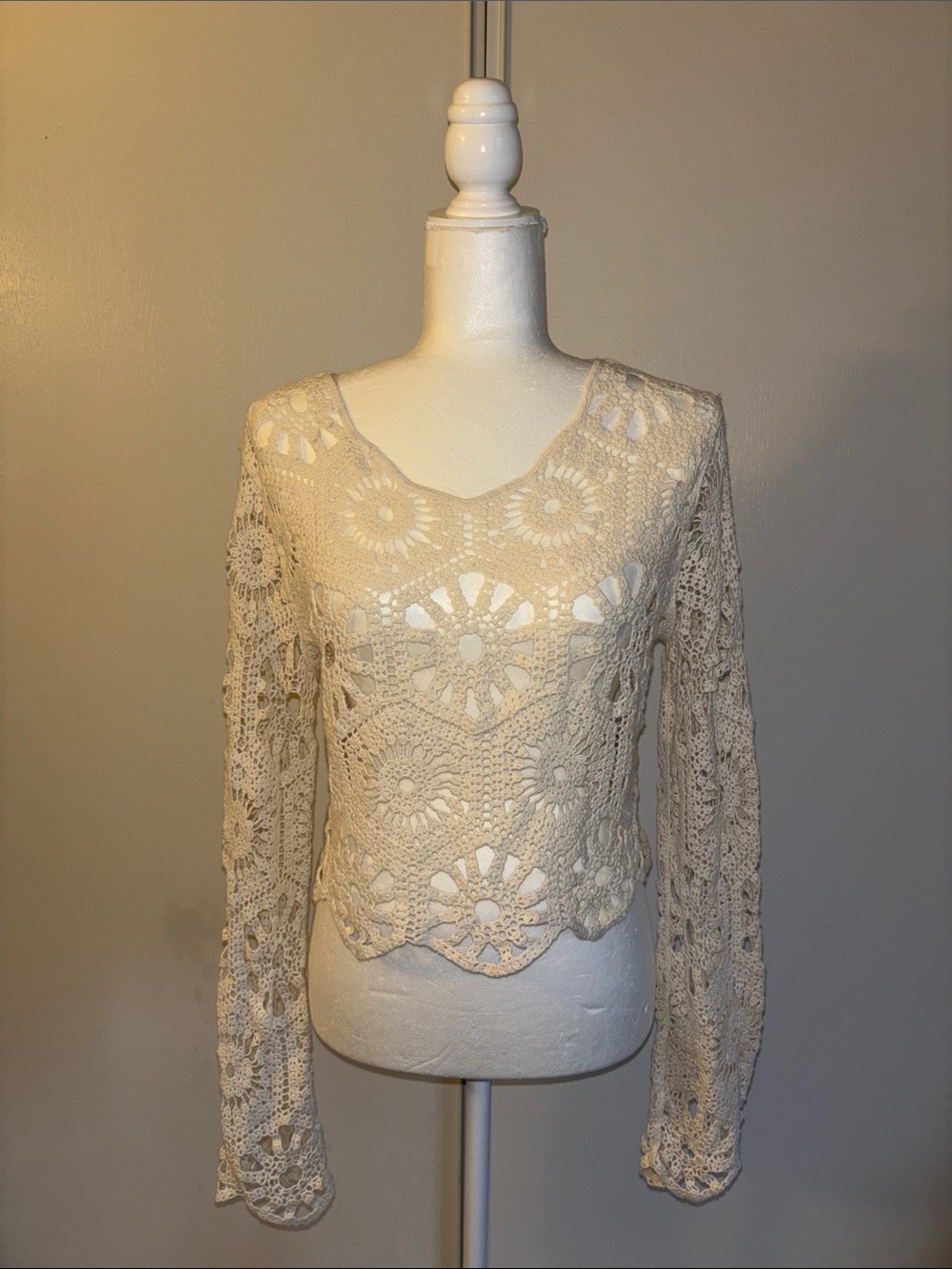 Rebellion Cream Crochet Long-Sleeve Scoop Neck Top